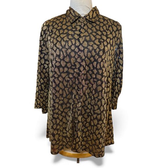 Melissa Paige Women's Long Sleeve Black and Gold Metallic Button Front Blouse L - Picture 2 of 12